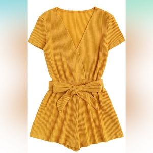 Yellow Gold Ribbed Belted Short Sleeve Romper